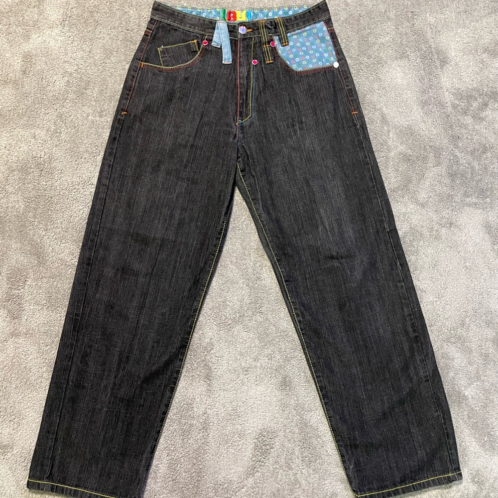 Vintage Y2K UBUG Jeans 32 Rainbow Stitch Colorful Rivets Retro Denim Streetwear